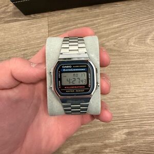 Casio Chrono Silver Digital Watch with Black and Blue Dial Accents
